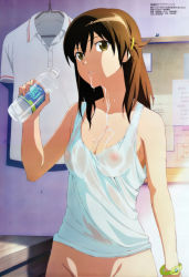 Rule 34 | 10s, 1girl, bare shoulders, bottle, bottomless, bracelet, breasts, brown eyes, brown hair, censored, cleavage, collarbone, drinking, female focus, fingernails, groin, highres, holding, indoors, jewelry, kyouno madoka, long hair, looking at viewer, megami magazine, nipples, norita takumo, nude filter, out-of-frame censoring, parted lips, rinne no lagrange, see-through, solo, standing, tank top, third-party edit, uniform, water bottle, wet, wet clothes
