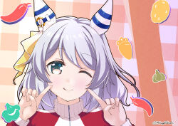 Rule 34 | 1girl, animal ears, blush, broccoli, brown eyes, carrot, chili pepper, commentary request, ear covers, ear ornament, garlic, grey hair, hishi miracle (umamusume), horse ears, horse girl, jacket, long sleeves, looking at viewer, mikage takashi, one eye closed, plaid background, pointing, pointing at self, potato, red jacket, smile, solo, tongue, tongue out, track jacket, twitter suki, umamusume