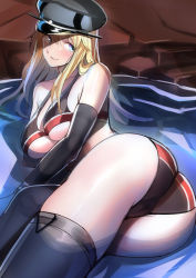 Rule 34 | 1girl, adapted costume, aqua eyes, ass, ayakumo, bikini, bismarck (kancolle), black gloves, blonde hair, blush, breasts, elbow gloves, gloves, grey thighhighs, hat, highres, kantai collection, large breasts, long hair, lying, military hat, on side, paid reward available, parted lips, peaked cap, rock, sidelocks, solo, swimsuit, thighhighs, thighs, underboob, water