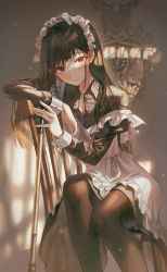 Rule 34 | 1girl, apron, black hair, closed mouth, commentary, dress shirt, grey apron, highres, light particles, long hair, long sleeves, looking at viewer, maid, maid headdress, on chair, original, pantyhose, pink eyes, shirt, sitting, solo, symbol-only commentary, tokkyu