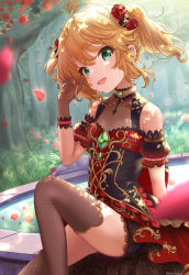 Rule 34 | 1girl, absurdres, backlighting, bare shoulders, black flower, black rose, blonde hair, blush, brooch, chiyosuke (nosuke21), choker, commentary, detached sleeves, dress, feet out of frame, flower, fountain, frills, gem, gloves, gold trim, grass, green eyes, hair flower, hair ornament, highres, idolmaster, idolmaster cinderella girls, idolmaster cinderella girls starlight stage, jewelry, lace, looking at viewer, open mouth, outdoors, pearl (gemstone), petals, playing with own hair, puffy detached sleeves, puffy sleeves, red flower, red rose, rose, rose petals, sakurai momoka, sidelocks, sitting, sleeveless, sleeveless dress, smile, solo, sunlight, thighhighs, tree, twintails, twitter username, wavy hair