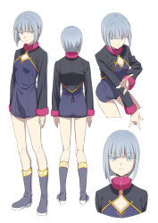 Rule 34 | 1girl, blue eyes, character sheet, cleavage cutout, clothing cutout, grey hair, highres, isshi pyuma, looking at viewer, multiple views, original, short hair, simple background, standing