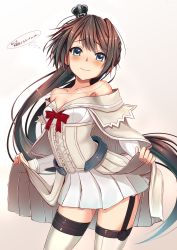 Rule 34 | 1girl, bare shoulders, black hair, blue eyes, blush, breasts, brown hair, cosplay, crown, garter straps, gradient hair, highres, houshou (kancolle), jewelry, kantai collection, long hair, long sleeves, looking at viewer, mini crown, multicolored hair, necklace, off shoulder, ponytail, sazamiso rx, skirt hold, small breasts, smile, solo, thighhighs, translation request, very long hair, warspite (kancolle), warspite (kancolle) (cosplay)