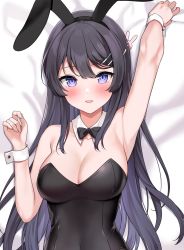 Rule 34 | 1girl, animal ears, arm up, armpits, bed sheet, black bow, black bowtie, black hair, black leotard, bow, bowtie, breasts, cleavage, commentary, covered navel, detached collar, fake animal ears, hair ornament, hairclip, highres, kaetzchen, large breasts, leotard, long hair, looking at viewer, pantyhose, playboy bunny, rabbit ears, sakurajima mai, seishun buta yarou, sheet grab, smile, solo, symbol-only commentary