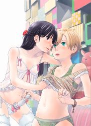 Rule 34 | 1futa, 1girl, babydoll, bare shoulders, bead bracelet, beads, black eyes, black hair, blonde hair, blush, bow, bra, bracelet, braid, breasts, bulge, cameltoe, camisole, clothes lift, collarbone, contrapposto, covered erect nipples, erection, erection under clothes, eye contact, face-to-face, french braid, futa with female, futanari, genderswap, genderswap (mtf), green bra, green eyes, green panties, groping, hair ribbon, hand under clothes, hidari kagetora, highres, jewelry, lace, lace-trimmed legwear, lace trim, lingerie, long hair, looking at another, navel, nipples, open mouth, original, panties, parted lips, penis, penis in panties, penis sheath, ribbon, ribbon trim, see-through, shirt lift, short hair, side-tie panties, small breasts, smile, spaghetti strap, standing, stuffed animal, stuffed rabbit, stuffed toy, thighhighs, through clothes, tongue, underwear, underwear only, very short hair, white legwear, white panties