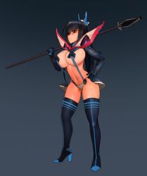 Rule 34 | 1girl, adapted costume, black hair, boots, breasts, hand on own hip, high heel boots, high heels, highres, honda futayo, kamui (kill la kill), kill la kill, kyoukaisenjou no horizon, large breasts, long hair, polearm, revealing clothes, solo, suspenders, thigh boots, thighhighs, weapon
