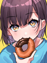 Rule 34 | 1girl, blush, brown hair, doughnut, eating, food, highres, holding, holding food, kishinaito, looking at viewer, original, short hair, solo, upper body, yellow background, yellow eyes