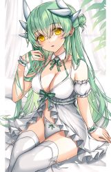 Rule 34 | 1girl, bad id, bad pixiv id, bare shoulders, blush, bow, bow panties, breasts, cleavage, dragon girl, dragon horns, fate/grand order, fate (series), green hair, hand in own hair, highres, horns, kiyohime (fate), large breasts, long hair, looking at viewer, morizono shiki, panties, parted lips, sitting, smile, solo, thighhighs, thighs, underwear, white panties, white thighhighs, yellow eyes