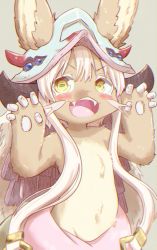 Rule 34 | 1other, :3, androgynous, animal ears, blonde hair, blush, body fur, brown background, brown fur, claw pose, colored eyelashes, cowboy shot, fake horns, fangs, furry, hands up, helmet, highres, horizontal pupils, horned helmet, horns, looking at viewer, made in abyss, nanachi (made in abyss), open mouth, pants, pelt, pink pants, piporinton, rabbit ears, short hair with long locks, simple background, smile, solo, standing, v-shaped eyebrows, yellow eyes
