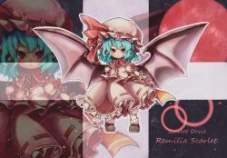 Rule 34 | 1girl, aqua hair, bad id, bad pixiv id, bat wings, chibi, child, female focus, full moon, hat, hat ribbon, hutaba123, looking at viewer, moon, pointy ears, red eyes, red moon, remilia scarlet, ribbon, shirt, short hair, skirt, skirt set, solo, standing, touhou, wings, wrist cuffs, wrist ribbon, zoom layer