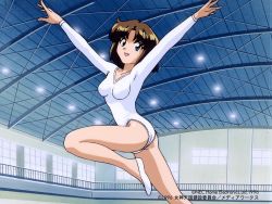 Rule 34 | 1990s (style), 1996, 1girl, arms up, athletic leotard, blue eyes, breasts, brown hair, ceiling, copyright name, copyright notice, dated, indoors, leg up, leotard, lilith (megami paradise), long sleeves, looking at viewer, megami paradise, nec corporation, nec home electronics, official art, open mouth, retro artstyle, short hair, small breasts, smile, solo, twisted torso, v-neck, white footwear, white leotard, yoshizane akihiro