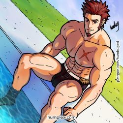 Rule 34 | 1boy, abs, beard, blue eyes, brown hair, day, facial hair, fate/grand order, fate (series), full body, gold trim, humbuged1, looking at viewer, male focus, muscular, napoleon bonaparte (fate), nipples, open mouth, outdoors, pectorals, photo-referenced, pool, scar, shorts, sideburns, sitting, smile, solo, spiked hair, swimsuit, thighs, topless male, watermark, web address