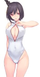 Rule 34 | 10s, 1girl, alternate costume, black hair, blush, breasts, cleavage, female focus, front zipper swimsuit, hair ornament, kantai collection, large breasts, looking at viewer, meme attire, one-piece swimsuit, red eyes, rokuwata tomoe, short hair, signature, simple background, solo, swimsuit, white background, yamashiro (kancolle), zipper
