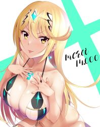 Rule 34 | 1girl, :p, barefoot, bikini, blonde hair, breasts, bridal garter, chest jewel, collarbone, daive, earrings, full body, gem, headpiece, highres, jewelry, kneeling, large breasts, long hair, looking at viewer, mythra (xenoblade), solo, swimsuit, tongue, tongue out, white bikini, xenoblade chronicles (series), xenoblade chronicles 2, yellow eyes