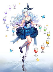 Rule 34 | 1girl, bare shoulders, black footwear, black nails, blue butterfly, blue eyes, bow, breasts, bug, butterfly, cleavage, cup, dated, dress, dress flower, drinking glass, fingerless gloves, full body, gloves, hair bow, heart, highres, insect, kneehighs, long hair, looking at viewer, medium breasts, nail polish, original, redear cat, reflection, ripples, smile, socks, solo, standing, standing on one leg, star (symbol), white background, white gloves, white hair, white socks, wine glass