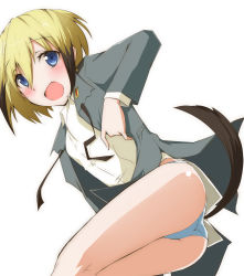 Rule 34 | 1girl, ass, blonde hair, blue eyes, blush, erica hartmann, military, military uniform, multicolored hair, open mouth, oriko (nicolai), panties, short hair, solo, strike witches, tail, underwear, uniform, world witches series