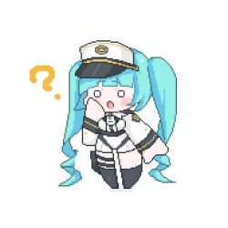 Rule 34 | :o, ?, black footwear, blue hair, blush stickers, chibi, cocotemuru, drill hair, goddess of victory: nikke, hat, highres, holster, light blue hair, long hair, military, military hat, military uniform, peaked cap, privaty (nikke), simple background, twintails, uniform, very long hair, white background, white headwear