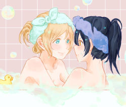 Rule 34 | 10s, 2girls, ayase eli, bad id, bad pixiv id, bath, bathing, blonde hair, blue eyes, blue hair, blush, bubble, bubble bath, completely nude, eye contact, hair up, looking at another, love live!, love live! school idol project, multiple girls, nude, rubber duck, same-sex bathing, shared bathing, shin9tani, smile, sonoda umi, tile wall, tiles, towel, towel on head, wet, yellow eyes, yuri