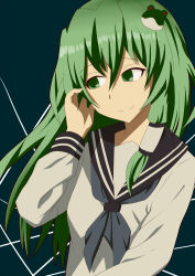 Rule 34 | 1girl, absurdres, alternate costume, anime coloring, blue neckerchief, blue sailor collar, breasts, closed mouth, dark background, frog hair ornament, green eyes, green hair, hair between eyes, hair ornament, highres, kochiya sanae, light smile, long hair, long sleeves, looking to the side, masakano masaka, neckerchief, sailor collar, sailor shirt, school uniform, serafuku, shirt, simple background, single hair tube, small breasts, solo, touhou, upper body