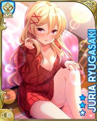 Rule 34 | 1girl, :o, bare legs, barefoot, bed, bedroom, blonde hair, blush, bottomless, breasts, card (medium), character name, cleavage, female focus, girlfriend (kari), hair ornament, indoors, nail polish, naked sweater, no bra, official art, on floor, open mouth, qp:flapper, red eyes, red sweater, ryugasaki juria, sitting, solo, sweater, x hair ornament