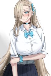Rule 34 | 1girl, absurdres, asuna (blue archive), black choker, blonde hair, blue archive, blue bow, blue bowtie, blue eyes, blue ribbon, blue skirt, blush, bow, bowtie, breasts, choker, closed mouth, hair between eyes, hair bow, hair over one eye, hair ribbon, highres, holding own arm, hum455, large breasts, long hair, looking away, ribbon, school uniform, shirt, skirt, sleeves rolled up, solo, standing, upper body, very long hair, white background, white shirt