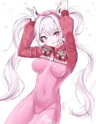 Rule 34 | 1girl, :d, alice (nikke), animal ear headphones, animal ears, arms up, blush, bodysuit, breasts, clothes writing, covered navel, cropped jacket, fake animal ears, gloves, gluteal fold, goddess of victory: nikke, grey hair, hair intakes, headphones, headset, highres, impossible bodysuit, impossible clothes, jacket, latex, latex bodysuit, long hair, looking at viewer, medium breasts, open hands, open mouth, pink bodysuit, pink eyes, pink gloves, pink headphones, puffy sleeves, rabbit pose, red jacket, sidelocks, signature, skin tight, sleeves past wrists, smile, solo, teeth, thigh gap, twintails, two-tone gloves, upper teeth only, wfa5051 (andrey), white gloves