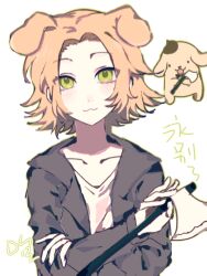 Rule 34 | :3, animal ears, axe, black jacket, chinese commentary, chinese text, closed mouth, collarbone, commentary request, dog boy, dog ears, eyes visible through hair, green eyes, green outline, highres, holding, holding axe, jacket, kemonomimi mode, light brown hair, long sleeves, looking at viewer, male focus, open clothes, open jacket, outline, parted bangs, pompompurin, saibou shinkyoku, sanrio, shinano eiji, shirt, short hair, simple background, solo focus, upper body, wang ling de, white background, white shirt