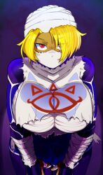 1girl alternate_breast_size bandages blonde_hair bonne breasts chest_sarashi cowboy_shot dark-skinned_female dark_skin facing_viewer hair_over_one_eye highres large_breasts looking_at_viewer mask nintendo purple_background red_eyes sarashi sheik solo the_legend_of_zelda the_legend_of_zelda:_ocarina_of_time turban