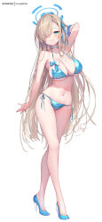 Rule 34 | 1girl, alternate costume, armpits, artist name, asuna (blue archive), bare legs, bikini, blue archive, blue bikini, blue eyes, blue halo, blue ribbon, blue scrunchie, blush, breasts, closed mouth, commentary, eyes visible through hair, full body, hair over one eye, hair ribbon, halo, high heels, highres, hong (white spider), large breasts, light brown hair, long hair, looking at viewer, mole, mole on breast, navel, ribbon, scrunchie, shiny swimsuit, side-tie bikini bottom, sideboob, signature, simple background, smile, solo, stomach, strap gap, swimsuit, thighs, underboob, very long hair, white background, wrist scrunchie