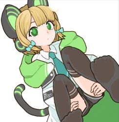 Rule 34 | 1girl, animal ear headphones, animal ears, aqua necktie, black shorts, black thighhighs, blonde hair, blue archive, blue bow, bow, cat ear headphones, cat tail, collared shirt, double horizontal stripe, fake animal ears, green eyes, hair bow, hands on own thighs, headphones, hood, hood down, hooded jacket, jacket, lowres, midori (blue archive), necktie, open clothes, open jacket, shirt, short hair, shorts, sicky (pit-bull), single horizontal stripe, sitting, solo, tail, thighhighs, white shirt