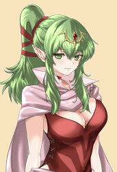 1girl absurdres breasts cape choker cleavage closed_mouth commentary_request dress fire_emblem fire_emblem_awakening green_eyes green_hair hair_ornament high_collar highres large_breasts long_hair looking_at_viewer nintendo partial_commentary pink_cape pointy_ears ponytail red_choker red_dress sidelocks simple_background sleeveless sleeveless_dress smile solo studio_sugimoto tiki_(adult)_(fire_emblem) tiki_(fire_emblem) yellow_background