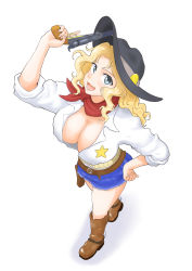Rule 34 | 1girl, :d, absurdres, black hat, blonde hair, blue eyes, blue shorts, boots, breasts, brown footwear, cleavage, cosplay, cowboy hat, from above, girls und panzer, gun, handgun, hat, highres, holding, holding gun, holding weapon, jane (girls und panzer), jane (girls und panzer) (cosplay), kay (girls und panzer), large breasts, long sleeves, looking at viewer, mashalxxxxxx, open mouth, red scarf, revolver, scarf, shorts, simple background, smile, solo, star (symbol), weapon, white background
