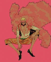Rule 34 | 1boy, blonde hair, coat, dark-skinned male, dark skin, donquixote doflamingo, fur coat, highres, leg hair, male focus, one piece, pink background, sarakipin, shoes, sitting, sleeves rolled up, solo, sunglasses, tongue, tongue out, unbuttoned, unbuttoned shirt