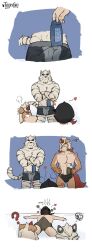 Rule 34 | 3boys, 4koma, ?, abs, animal ears, arknights, artist request, bara, black male underwear, blush visible through clothes, boxer briefs, briefs, brown fur, bulge, comic, cropped legs, crossed arms, deformed, doctor (arknights), dog boy, dog ears, erection, erection under clothes, facial hair, frown, furry, furry male, furry with non-furry, goatee, highres, horns, hung (arknights), interspecies, large pectorals, male doctor (arknights), male focus, male underwear, medium hair, mountain (arknights), multiple boys, muscular, muscular male, nipples, object on bulge, pectorals, penis envy, scar, scar across eye, scar on arm, shampoo bottle, shampoo challenge, short hair, single horn, smug, squiggle, stomach, thick eyebrows, tiger boy, tiger ears, topless male, two-tone fur, underwear, whistling, white fur, white hair, yaoi