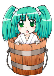 Rule 34 | 1girl, bucket, female focus, green eyes, green hair, hair bobbles, hair ornament, in bucket, in container, kairakuen umenoka, kisume, simple background, solo, touhou, twintails, white background