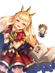 Rule 34 | 10s, 1boy, 1girl, black thighhighs, blonde hair, blush, book, bracelet, bracer, brown hair, cagliostro (granblue fantasy), cape, character doll, chibi, crown, finger gun, gran (granblue fantasy), granblue fantasy, highres, jewelry, long hair, looking at viewer, open book, photo (object), purple eyes, sidelocks, simple background, sweatdrop, thighhighs, white background, yapo (croquis side)
