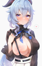 Rule 34 | 1girl, black bow, black shirt, blue hair, blush, bow, breasts, embarrassed, frilled shirt, frilled sleeves, frills, full-face blush, ganyu (china merchants bank) (genshin impact), ganyu (genshin impact), genshin impact, heart, high-waist skirt, highres, horns, large breasts, light areolae, long hair, long sleeves, looking at viewer, official alternate costume, purple eyes, shirt, shirt tucked in, sidelocks, skirt, solo, spoken heart, turtleneck, upper body, white background, xlyami