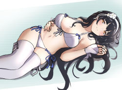 Rule 34 | 1girl, 3 small spiders, absurdres, bare shoulders, bikini, black hair, blush, bow, bow bra, bra, breasts, brown eyes, closed mouth, feet out of frame, fingerless gloves, flower, girls&#039; frontline, gloves, hair flower, hair ornament, hairband, hand on own stomach, highres, long hair, looking at viewer, lying, medium breasts, navel, official alternate costume, on side, ribbon panties, simple background, solo, swimsuit, thighhighs, type 95 (girls&#039; frontline), type 95 (summer cicada) (girls&#039; frontline), underwear, white bikini, white gloves, white hairband, white thighhighs