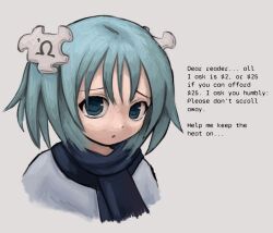 1girl blue_eyes blue_hair blue_scarf commentary dot_nose english_commentary english_text looking_at_viewer puzzle_piece_hair_ornament scarf short_hair simple_background solo tears wikipe-tan wikipedia zoolpal