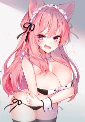 Rule 34 | 1girl, :d, absurdres, animal ears, bare arms, bare shoulders, bikini, black bikini, black ribbon, black thighhighs, blurry, breast hold, breasts, cat ears, cleavage, commentary request, cowboy shot, detached collar, headdress, highres, kawachi rin, large breasts, leaning forward, long hair, looking at viewer, maid, maid bikini, open mouth, original, pink eyes, pink hair, ribbon, side-tie bikini bottom, smile, solo, standing, swimsuit, thigh gap, thighhighs, thighs, unconventional maid, v-shaped eyebrows, very long hair, wrist cuffs