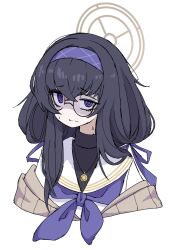 Rule 34 | 1girl, @ @, black hair, blue archive, blue eyes, blue hairband, cropped torso, dr yamero, glasses, hairband, halo, highres, jewelry, long hair, pendant, sailor collar, shaded face, sweat, ui (blue archive), uneven eyes, white background