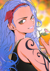 Rule 34 | 1girl, absurdres, arm tattoo, bare shoulders, blue hair, food, fruit, hairband, highres, holding, holding food, holding fruit, lipstick, long hair, looking at viewer, makeup, mygiorni, nojiko, one piece, orange (fruit), pink lips, red hairband, smile, solo, tattoo, teeth, wavy hair