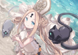 Rule 34 | 1girl, abigail williams (fate), abigail williams (swimsuit foreigner) (fate), abigail williams (swimsuit foreigner) (second ascension) (fate), animal, bare arms, bare shoulders, beach, black bow, black cat, blue eyes, bow, braid, breasts, brown hair, casual one-piece swimsuit, cat, closed mouth, day, double bun, fate/grand order, fate (series), frilled swimsuit, frills, from above, hair bun, hat, keyhole, long hair, looking at viewer, looking up, mitre, one-piece swimsuit, orange bow, outdoors, parted bangs, polka dot, polka dot bow, sand, sidelocks, small breasts, smile, solo, steepled fingers, swimsuit, very long hair, water, white hat, white one-piece swimsuit, yumeichigo alice