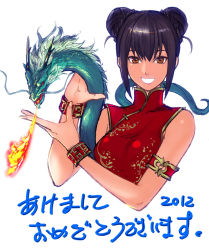 Rule 34 | 1girl, 2012, :d, akeome, bare shoulders, black hair, breasts, breath weapon, breathing fire, brown eyes, china dress, chinese clothes, chinese zodiac, commentary request, copyright request, dated, double bun, dragon, dress, eastern dragon, fire, hair bun, hands up, happy new year, large breasts, looking at viewer, new year, open mouth, red dress, short hair, simple background, smile, solo, tetsu (kimuchi), white background, wristband, year of the dragon