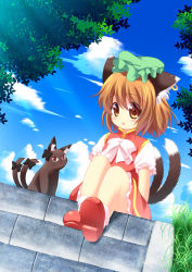 Rule 34 | 1girl, animal ears, blue sky, bow, brown eyes, brown hair, cat, cat ears, cat tail, chen, cloud, day, ear piercing, earrings, grass, hat, jewelry, kaenbyou rin, kaenbyou rin (cat), looking at viewer, mob cap, multiple tails, nekomata, piercing, pila-pela, puffy short sleeves, puffy sleeves, red footwear, shirt, shoes, short sleeves, single earring, sitting, sitting on stairs, skirt, skirt set, sky, solo, stairs, tail, tail bow, tail ornament, touhou, vest
