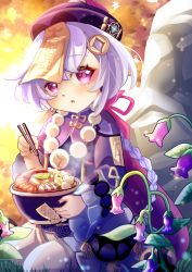 Rule 34 | 1girl, absurdres, akira luca, bead necklace, beads, blush, bowl, braid, chopsticks, coin, coin hair ornament, flower, food, food request, genshin impact, hair between eyes, hair ornament, hat, highres, holding, holding bowl, holding chopsticks, jewelry, jiangshi, light rays, long sleeves, looking at viewer, meat, necklace, no tomorrow (genshin impact), noodles, open mouth, purple eyes, purple flower, purple hair, purple hat, qingdai guanmao, qiqi (genshin impact), ramen, seiza, sitting, sleeves past wrists, solo, steam, stone, talisman, thighhighs, white thighhighs, wide sleeves