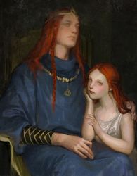 Rule 34 | 1boy, 1girl, blue robe, braid, closed mouth, crown, dress, elden ring, father and daughter, fine art parody, highres, jewelry, long hair, looking at viewer, malenia blade of miquella, necklace, parody, radagon of the golden order, red hair, robe, sitting, the old crane, white dress, yellow eyes