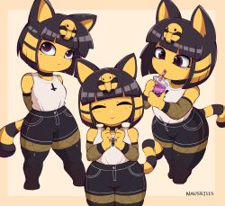 Rule 34 | 1girl, alternate hair color, animal crossing, animal ears, ankha (animal crossing), artist name, black hair, black shorts, black thighhighs, bubble tea, closed eyes, commentary, cross, cup, drink, drinking straw, english commentary, fishnet pantyhose, fishnet sleeves, fishnets, highres, holding, holding cup, inverted cross, multiple views, nauskills, nintendo, pantyhose, shirt, short shorts, shorts, simple background, sleeveless, socks over fishnets, tail, thighhighs, watermark, white shirt