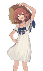Rule 34 | 1girl, absurdres, anchor symbol, brown eyes, brown hair, collarbone, dress, fang, feet out of frame, hair between eyes, hat, highres, kantai collection, open mouth, oweee, short hair, simple background, skin fang, smile, solo, sun hat, white background, white dress, yukikaze (kancolle)