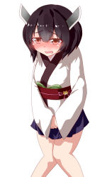Rule 34 | 1girl, artist request, black hair, blue skirt, blush, brown eyes, female focus, half-closed eyes, have to pee, headgear, highres, japanese clothes, kimono, knees together feet apart, long sleeves, looking at viewer, obi, open mouth, own hands together, pleated skirt, sash, short hair, simple background, skirt, solo, standing, touhoku kiritan, voiceroid, wavy mouth, white background, white kimono